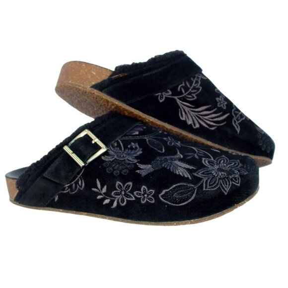 JOHNNY WAS Bluma $268 Black Sherpa Suede Embroidered Clogs Mules 8 - NWOB - Picture 5 of 8